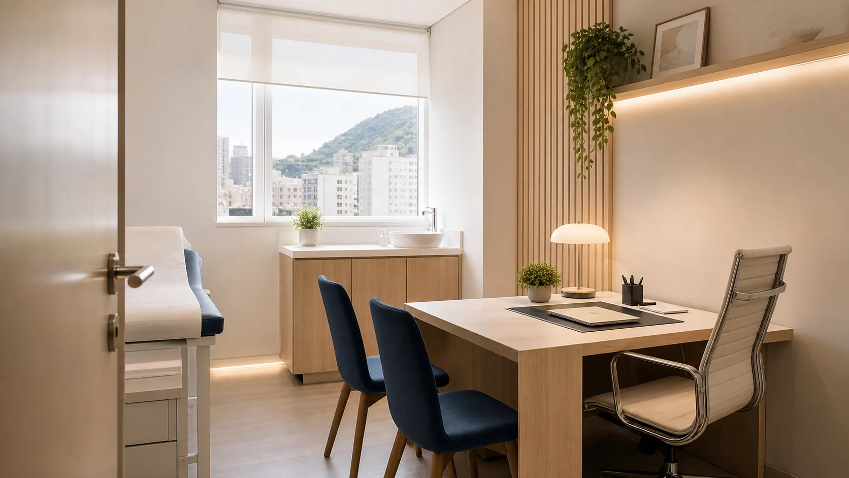 Consultório para alugar na Tijuca com mesa de atendimento e maca